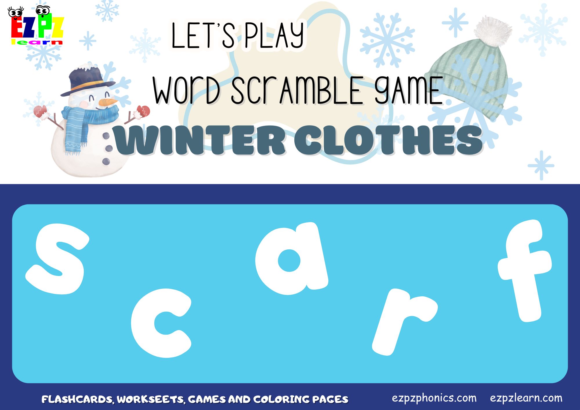 Winter Clothes Vocabulary Word Scramble Game. Great spelling game for English language learners and kids.